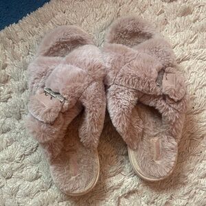 Skechers Plush Faux-Fur Crossband Slide Slippers - Dusty Rose